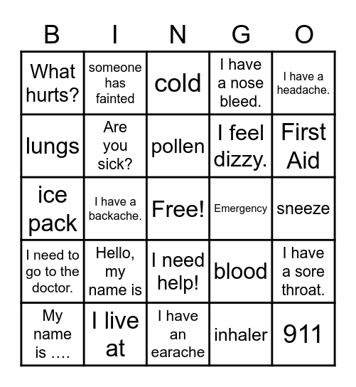 Injuries and Illness Bingo Card