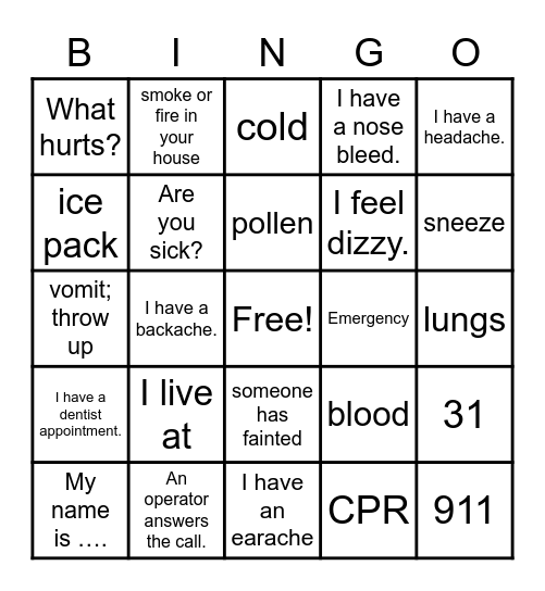 Injuries and Illness Bingo Card