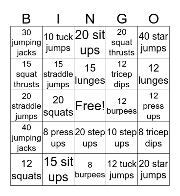 Ultimate Fitness Bingo Card 6 Bingo Card