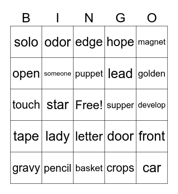 Open and closed Syllable Bingo Card