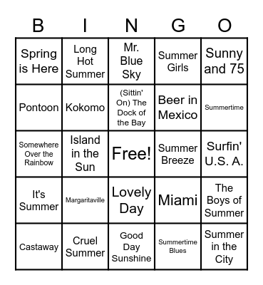Spring/Summer/Vacation Bingo Card