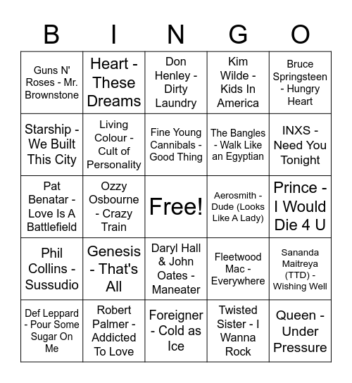 MUSIC BINGO - The 80s Bingo Card
