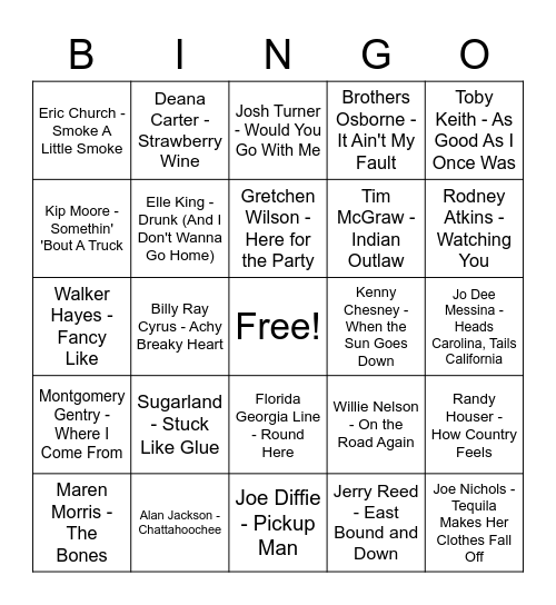 MUSIC BINGO - Country Bingo Card