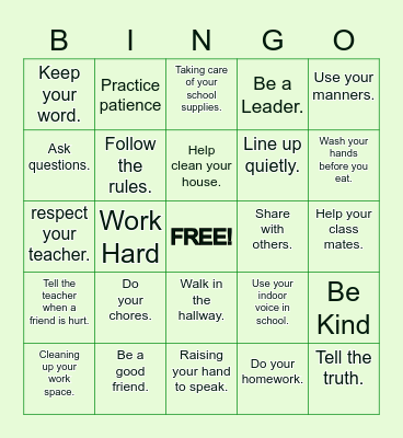 Showing Responsibility Bingo Card