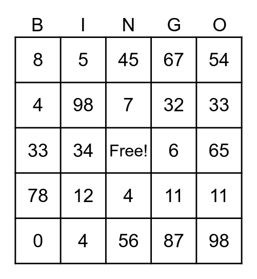 Absolute Value Bingo Card