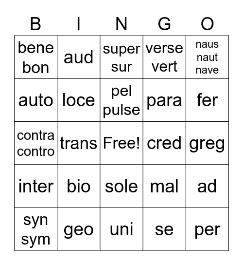 1st Block Morphology Bingo Card