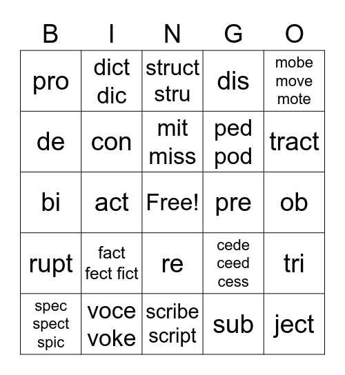 2nd Block Morphology Bingo Card