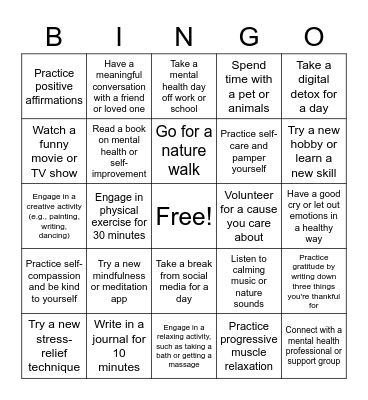 Mental Wellness Bingo Card