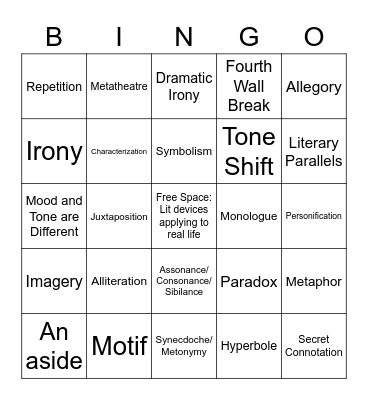 Literary Features Bingo Card