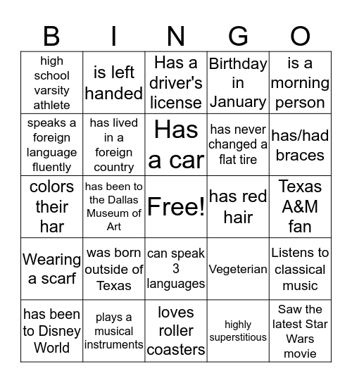 IceBreaker Bingo Card