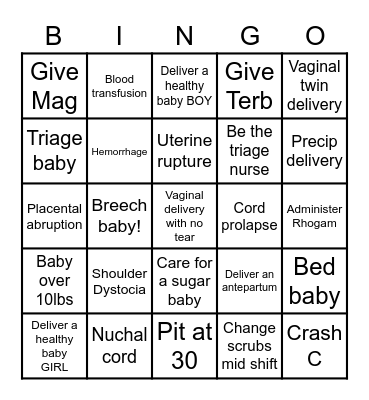 L&D Nurse Bingo Card