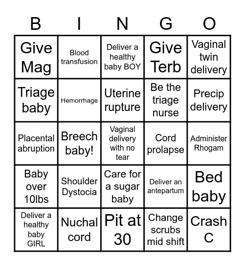 L&D Nurse Bingo Card