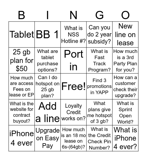 SPRINT Bingo Card