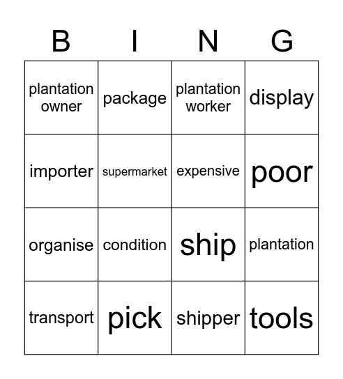 Fair trade Bingo Card