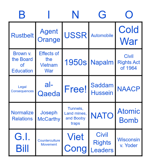 US History Bingo List 3 Bingo Card