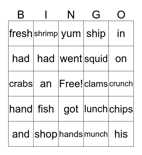 Fish Shop and Lunch Bingo Card
