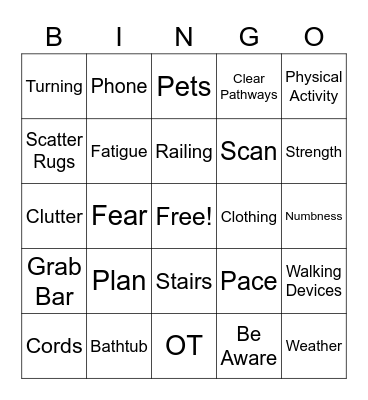 Falls Prevention Bingo Card