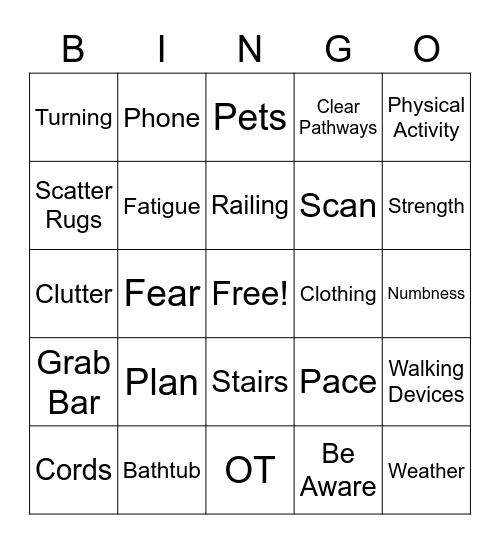 Falls Prevention Bingo Card