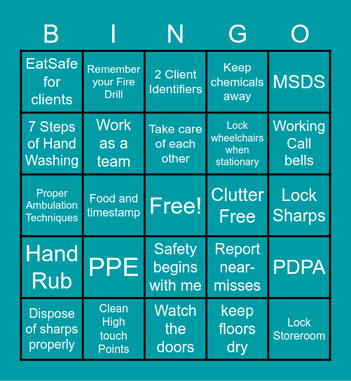 Quality and Safety Bingo Card