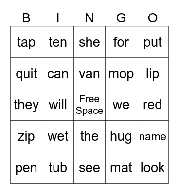 Phonics Bingo Card