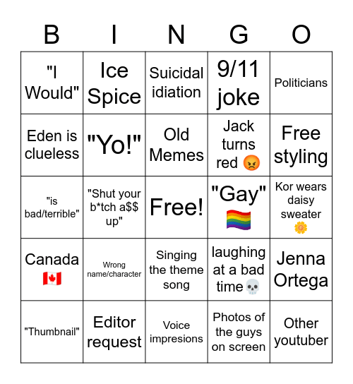 Spilling the milk Bingo Card