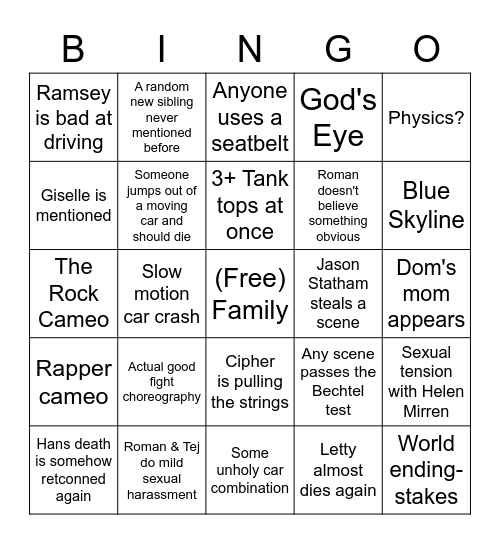 FAST X BINGO BABY Bingo Card