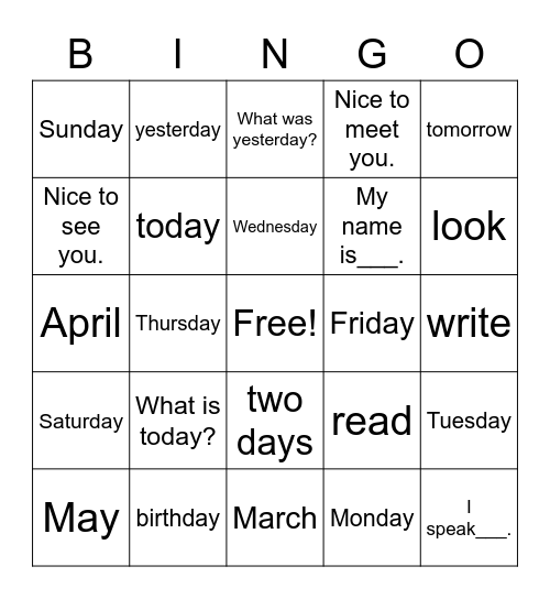 English Class Bingo Card