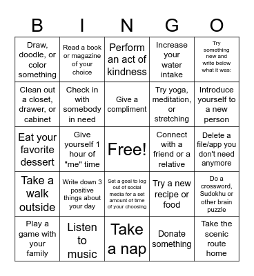 Self-Care Bingo Card