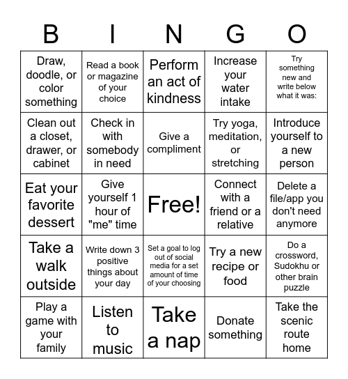 Self-Care Bingo Card