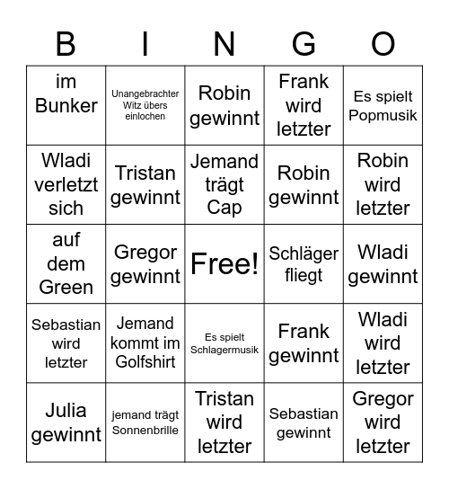 Team Frank TopGolf Bingo Card