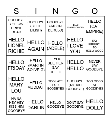 815 HELLO & GOODBYE Bingo Card
