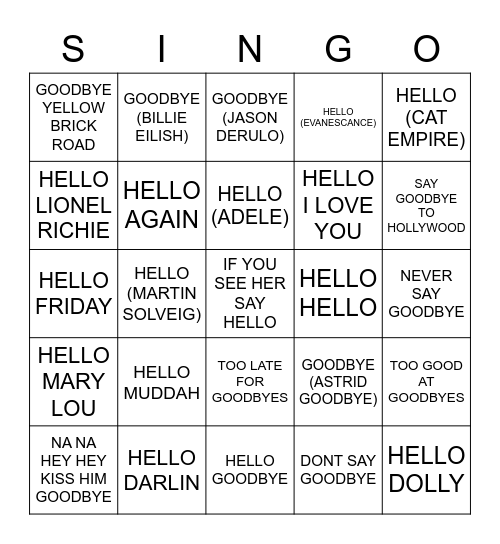 815 HELLO & GOODBYE Bingo Card