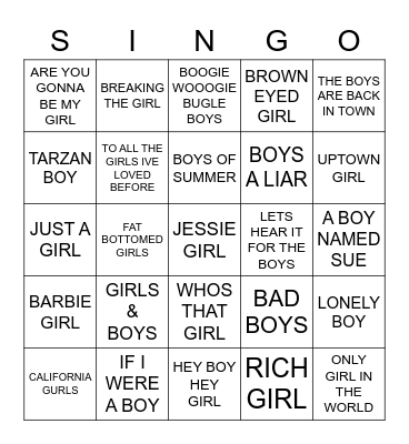 814 BOYS & GIRLS Bingo Card