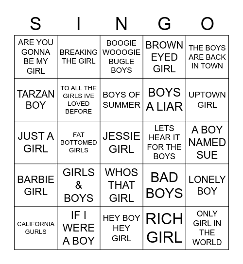 814 BOYS & GIRLS Bingo Card