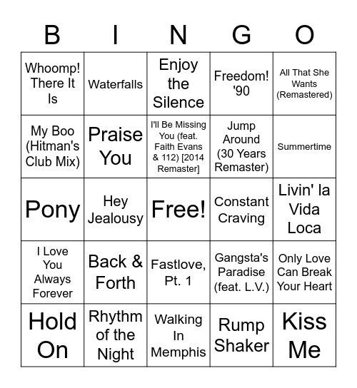 90s Hits Bingo Card