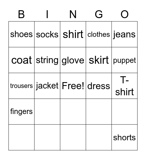 My Clothes Bingo Card