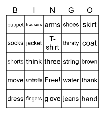 My Clothes Bingo Card