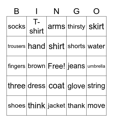 My Clothes Bingo Card