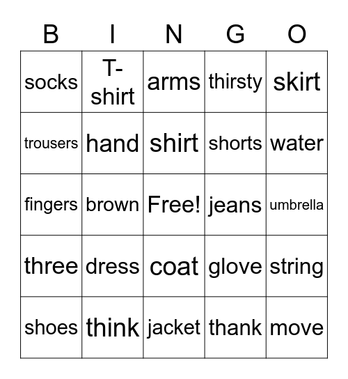 My Clothes Bingo Card