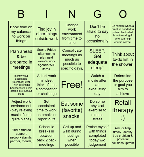 Beating Burnout BINGO Card