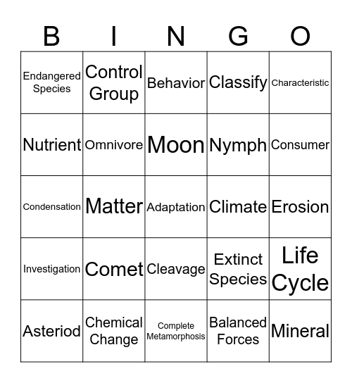 FCAT Science Vocabulary Bingo Card