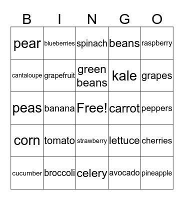 Healthy Foods Bingo Card