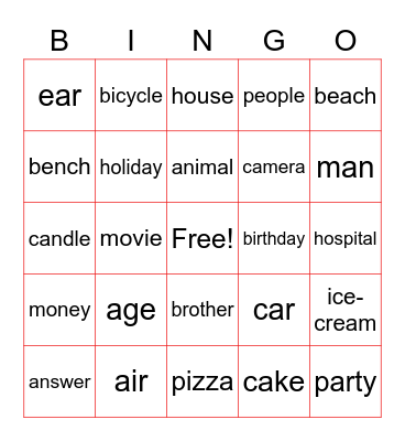 Noun Bingo Card