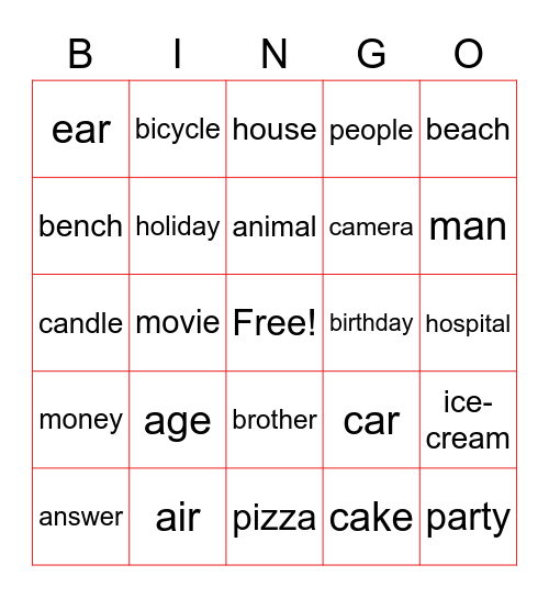 Noun Bingo Card