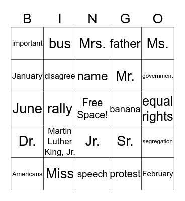 Martin Luther King, Jr. Bingo Card