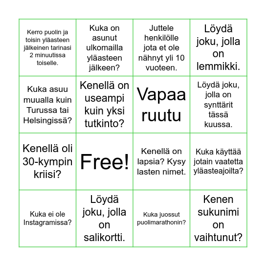 Luokkakokousbingo Card