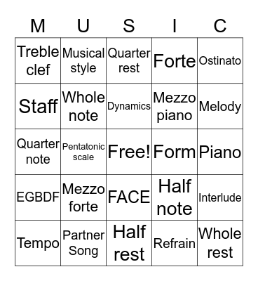 Third Grade - Music Bingo Card
