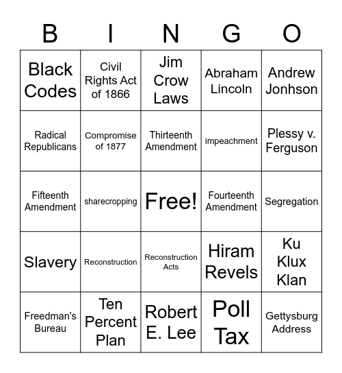 Civil War and Reconstruction Bingo Card