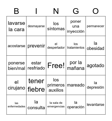 La Salud y Las Rutinas Bingo Card