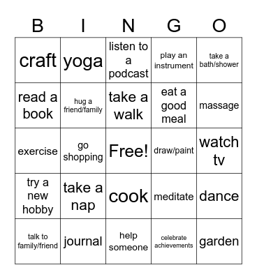 Self Care Bingo Card